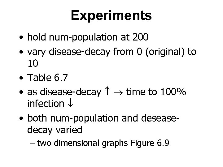 Experiments • hold num-population at 200 • vary disease-decay from 0 (original) to 10