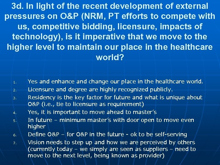 3 d. In light of the recent development of external pressures on O&P (NRM,