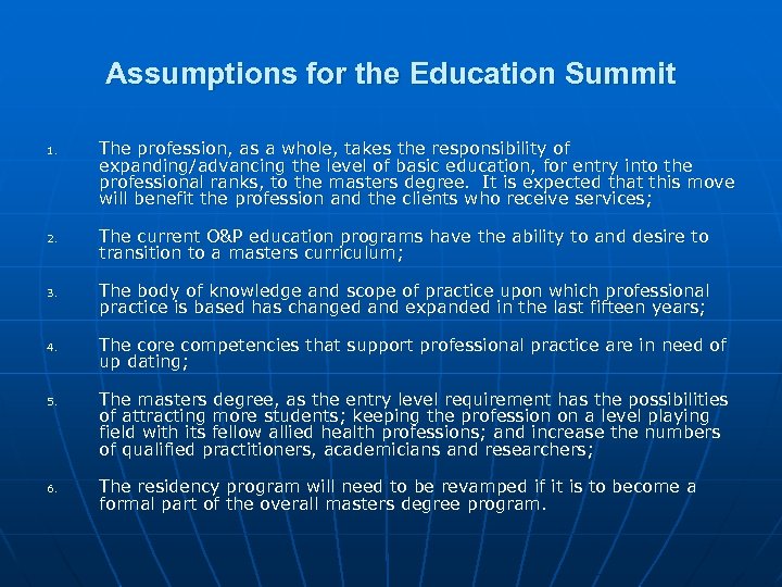 Assumptions for the Education Summit 1. 2. 3. 4. 5. 6. The profession, as