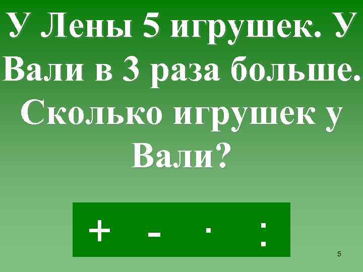 У Лены 5 игрушек. У Вали в 3 раза больше. Сколько игрушек у Вали?