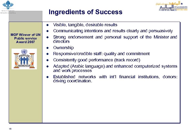 Ingredients of Success MOF Winner of UN Public service Award 2007 18 ● Visible,