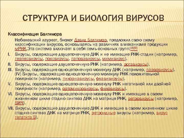 СТРУКТУРА И БИОЛОГИЯ ВИРУСОВ Классификация Балтимора Нобелевский лауреат, биолог Дэвид Балтимор, предложил свою схему