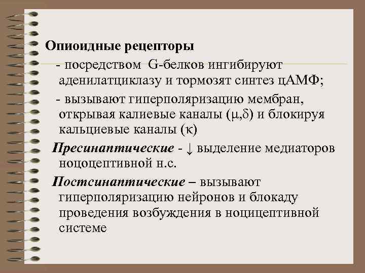 Опиоидные рецепторы - посредством G-белков ингибируют аденилатциклазу и тормозят синтез ц. АМФ; - вызывают