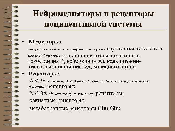 Нейромедиаторы и рецепторы ноцицептивной системы • Медиаторы: специфический и неспецифические пути - глутаминовая кислота