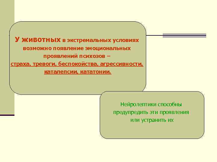 У животных в экстремальных условиях возможно появление эмоциональных проявлений психозов – страха, тревоги, беспокойства,