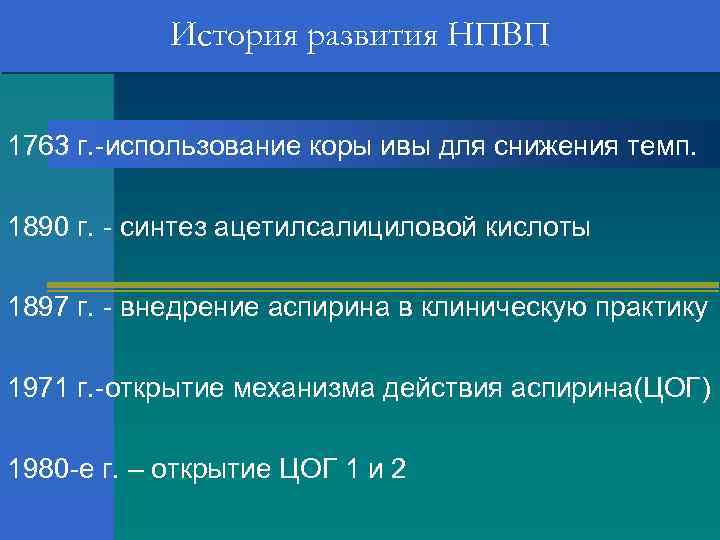 История развития НПВП 1763 г. -использование коры ивы для снижения темп. 1890 г. -