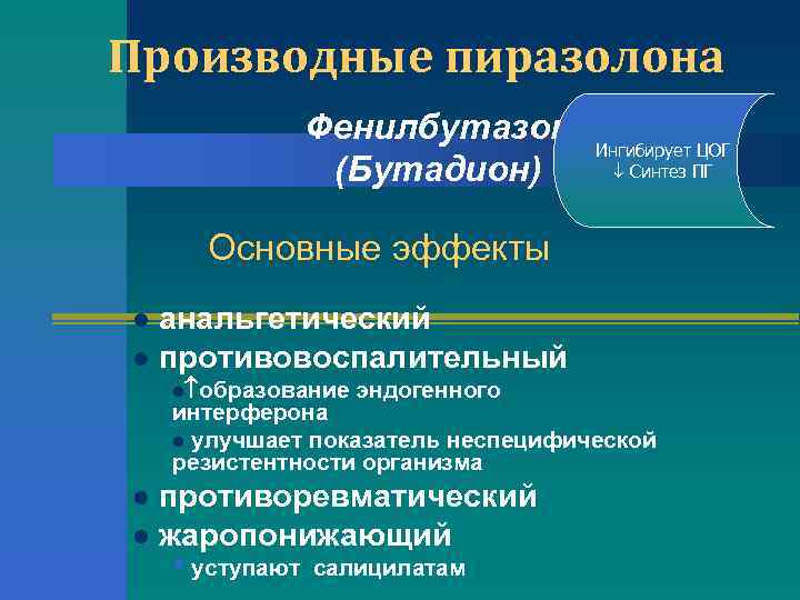 Производные пиразолона Фенилбутазон (Бутадион) Ингибирует ЦОГ Синтез ПГ Основные эффекты анальгетический l противовоспалительный l
