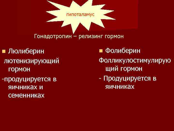 гипоталамус Гонадотропин – релизинг гормон Люлиберин лютенизирующий гормон -продуцируется в яичниках и семенниках Фолиберин