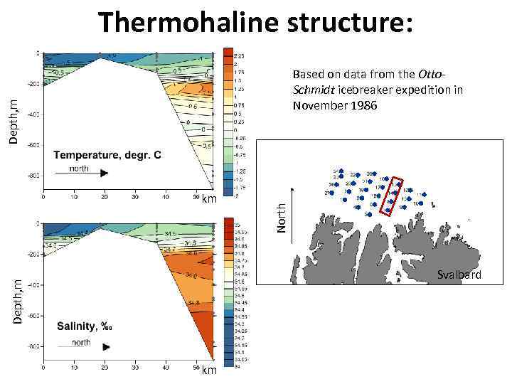 Thermohaline structure: km North Depth, m Based on data from the Otto. Schmidt icebreaker