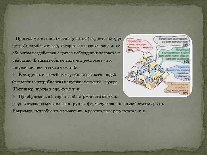 Процесс мотивации (мотивирования) строится вокруг потребностей человека, которые и являются основным объектом воздействия с