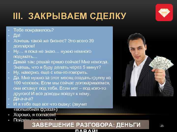 III. ЗАКРЫВАЕМ СДЕЛКУ - Тебе понравилось? - Да! - Хочешь такой же бизнес? Это