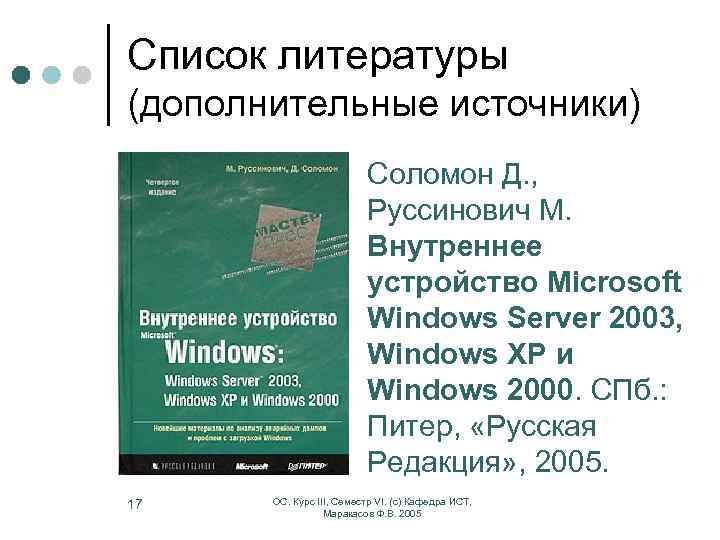 Список литературы (дополнительные источники) Соломон Д. , Руссинович М. Внутреннее устройство Microsoft Windows Server