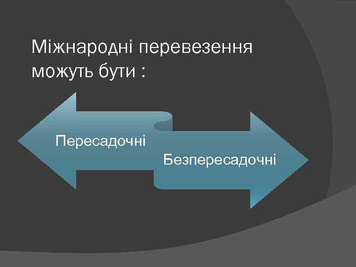 Міжнародні перевезення можуть бути : Пересадочні Безпересадочні 