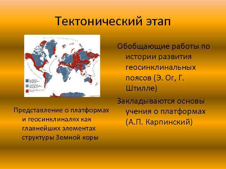 Тектонический этап Обобщающие работы по истории развития геосинклинальных поясов (Э. Ог, Г. Штилле) Закладываются
