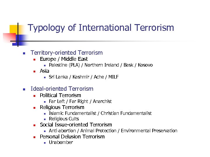 Typology of International Terrorism n Territory-oriented Terrorism n Europe / Middle East n n