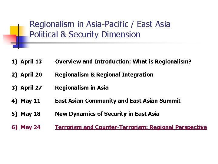 Regionalism in Asia-Pacific / East Asia Political & Security Dimension 1) April 13 Overview