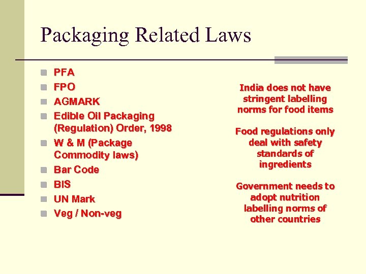 Packaging Related Laws n PFA n FPO n AGMARK n Edible Oil Packaging n