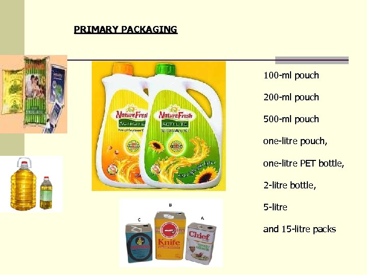 PRIMARY PACKAGING 100 -ml pouch 200 -ml pouch 500 -ml pouch one-litre pouch, one-litre