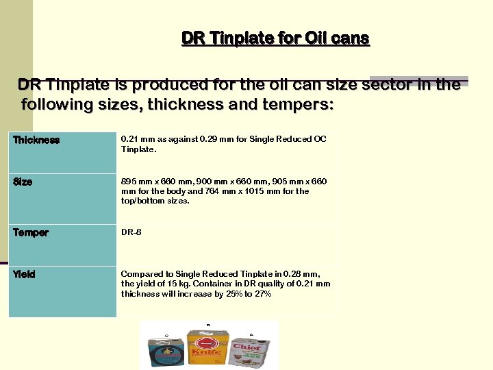 DR Tinplate for Oil cans DR Tinplate is produced for the oil can size