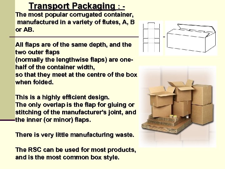 Transport Packaging : - The most popular corrugated container, manufactured in a variety of