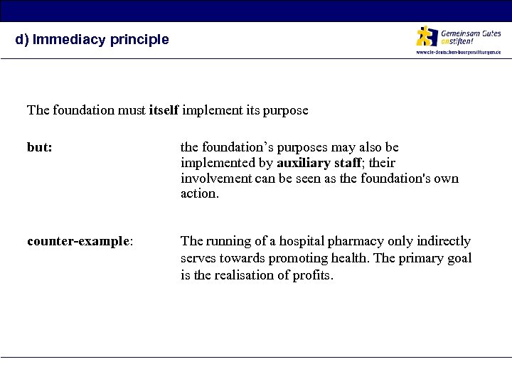 d) Immediacy principle The foundation must itself implement its purpose but: the foundation’s purposes
