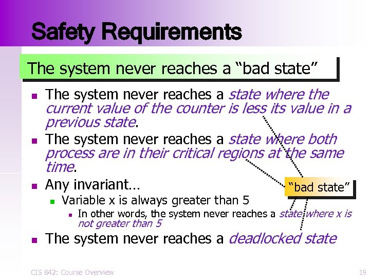 Safety Requirements The system never reaches a “bad state” n n n The system