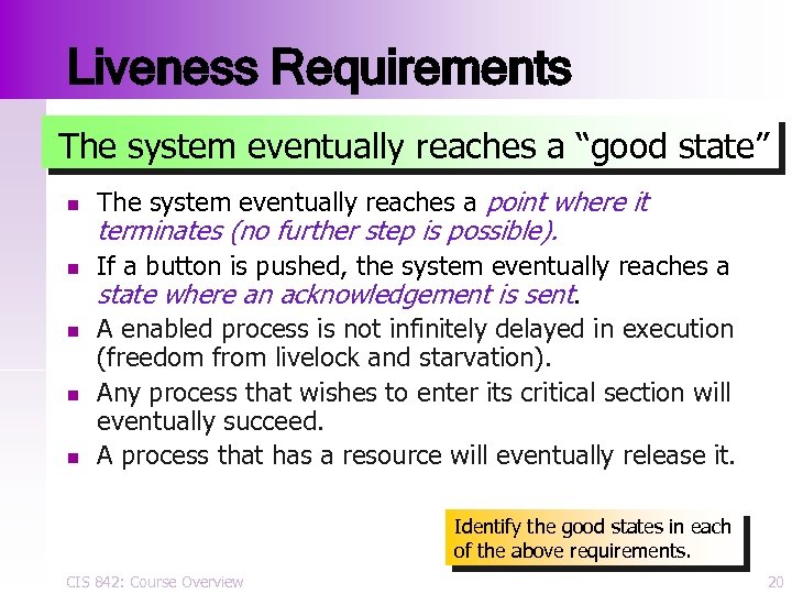 Liveness Requirements The system eventually reaches a “good state” n n n The system