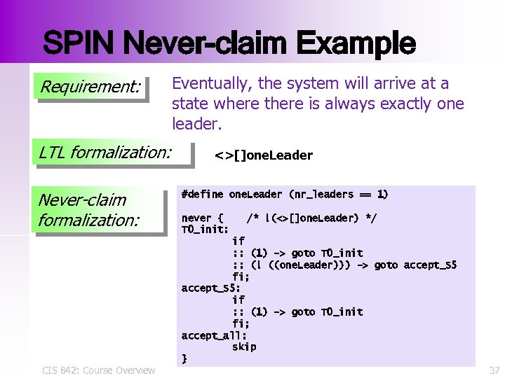 SPIN Never-claim Example Requirement: LTL formalization: Never-claim formalization: CIS 842: Course Overview Eventually, the