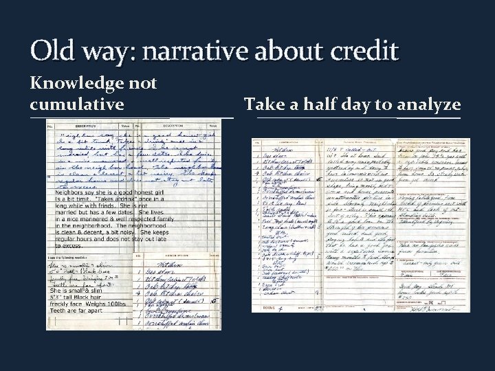Old way: narrative about credit Knowledge not cumulative Take a half day to analyze
