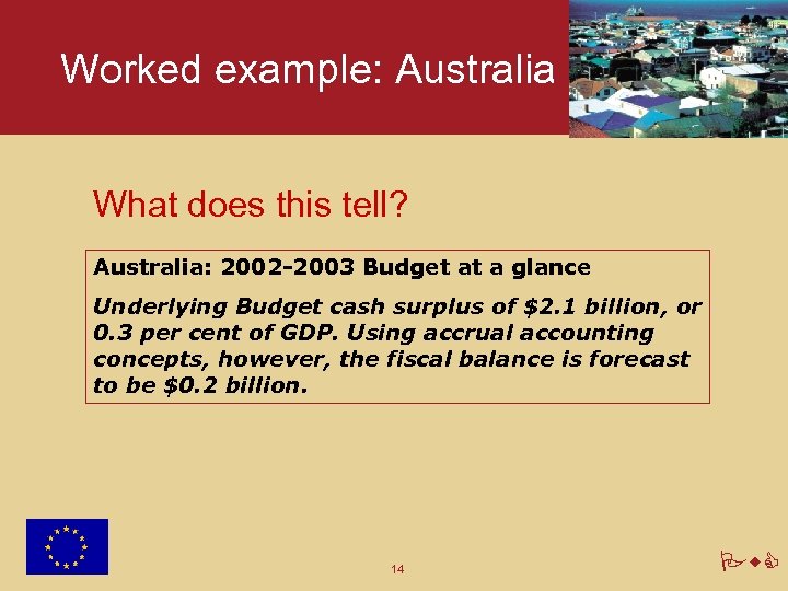 Worked example: Australia What does this tell? Australia: 2002 -2003 Budget at a glance