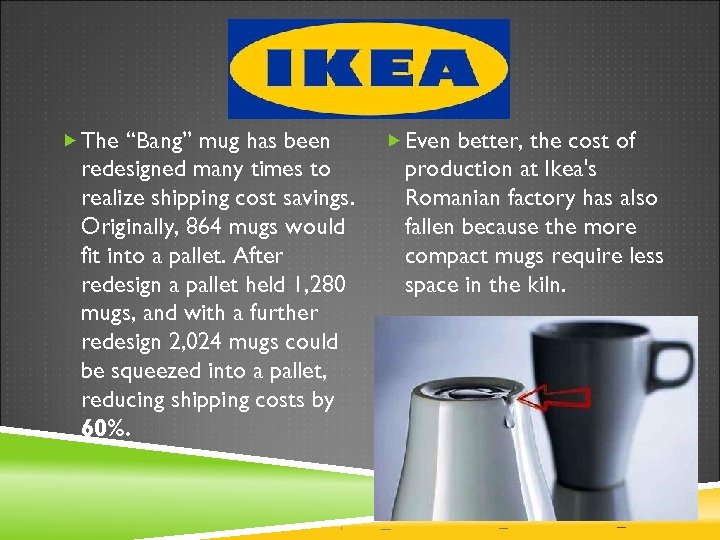  The “Bang” mug has been redesigned many times to realize shipping cost savings.