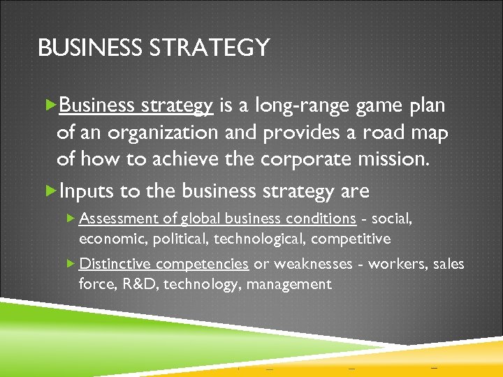 BUSINESS STRATEGY Business strategy is a long-range game plan of an organization and provides