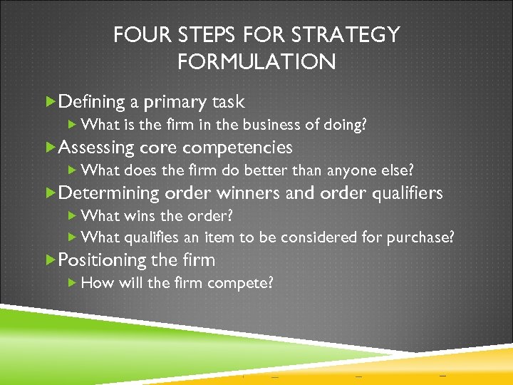 FOUR STEPS FOR STRATEGY FORMULATION Defining a primary task What is the firm in