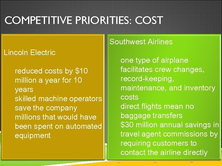 COMPETITIVE PRIORITIES: COST Southwest Airlines Lincoln Electric reduced costs by $10 million a year