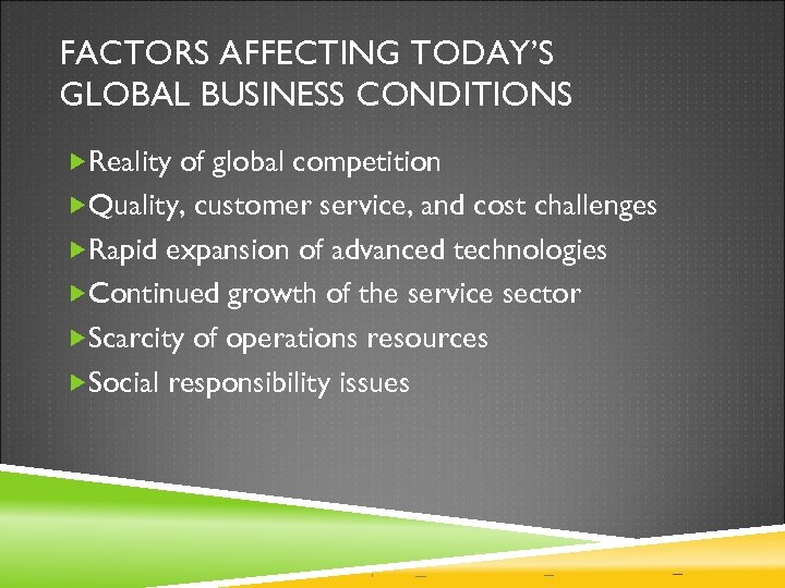 FACTORS AFFECTING TODAY’S GLOBAL BUSINESS CONDITIONS Reality of global competition Quality, customer service, and