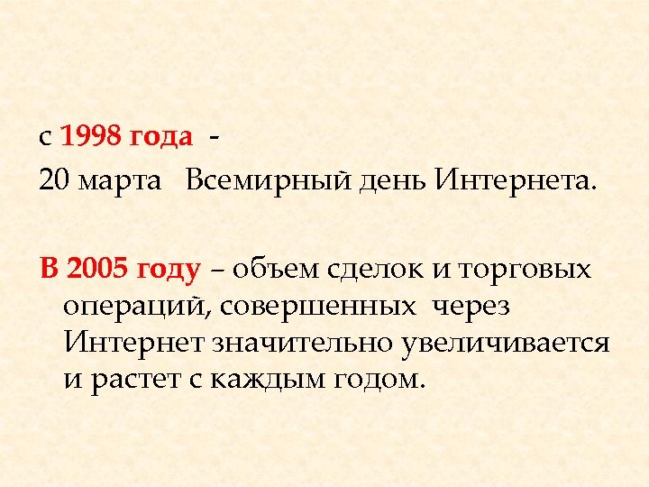 с 1998 года 20 марта Всемирный день Интернета. В 2005 году – объем сделок
