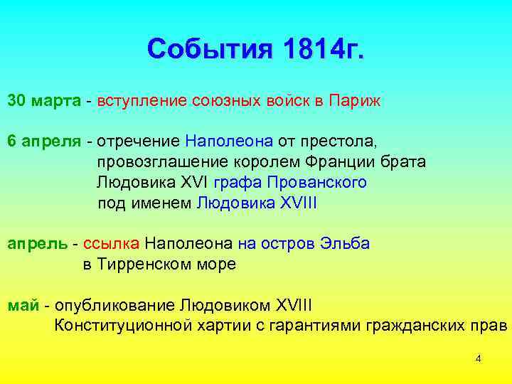 События 1814 г. 30 марта - вступление союзных войск в Париж 6 апреля -