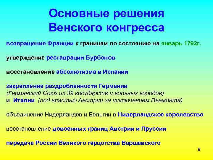 Основные решения Венского конгресса возвращение Франции к границам по состоянию на январь 1792 г.