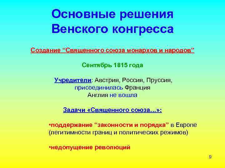 Основные решения Венского конгресса Создание “Священного союза монархов и народов” Сентябрь 1815 года Учредители: