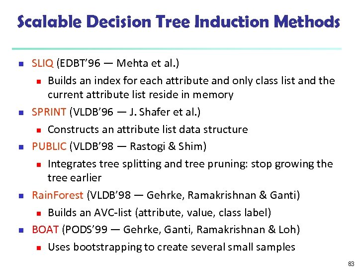 Scalable Decision Tree Induction Methods n n n SLIQ (EDBT’ 96 — Mehta et