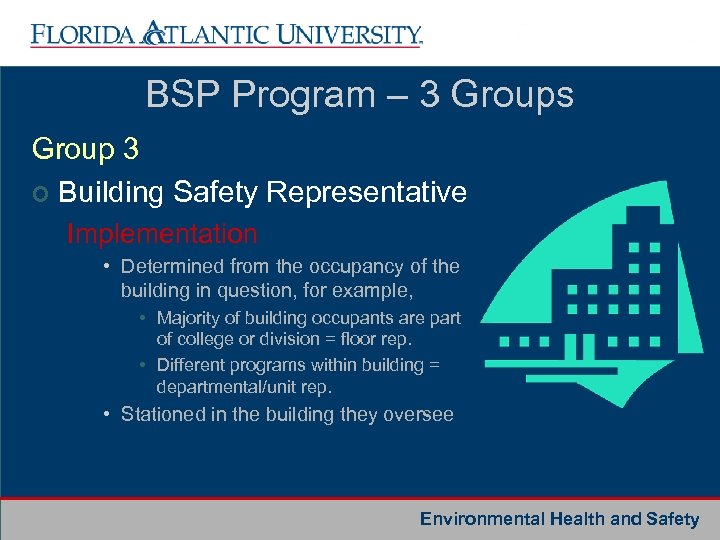 BSP Program – 3 Groups Group 3 ¢ Building Safety Representative Implementation • Determined