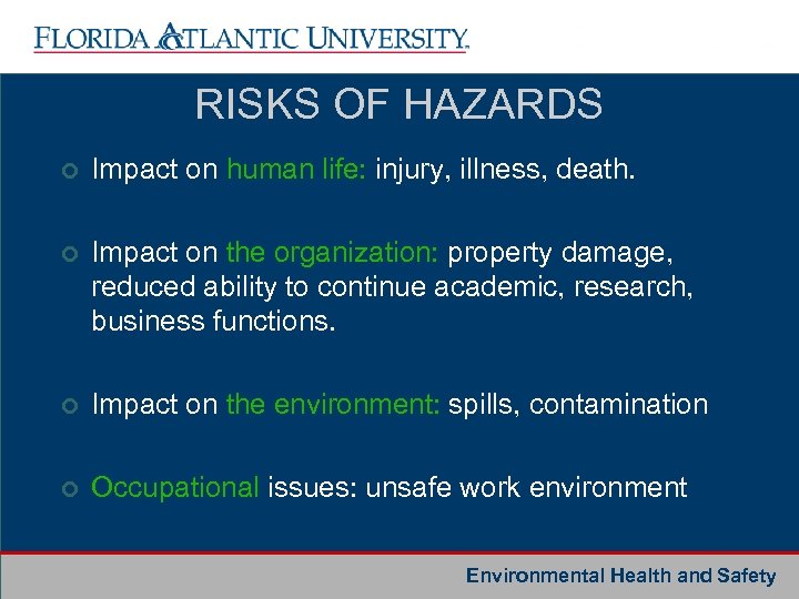 RISKS OF HAZARDS ¢ Impact on human life: injury, illness, death. ¢ Impact on