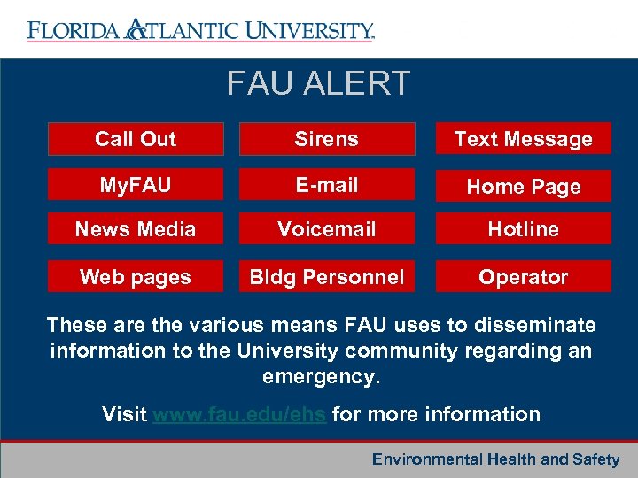FAU ALERT Call Out Sirens Text Message My. FAU E-mail Home Page News Media