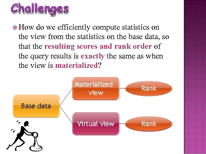 Challenges How do we efficiently compute statistics on the view from the statistics on