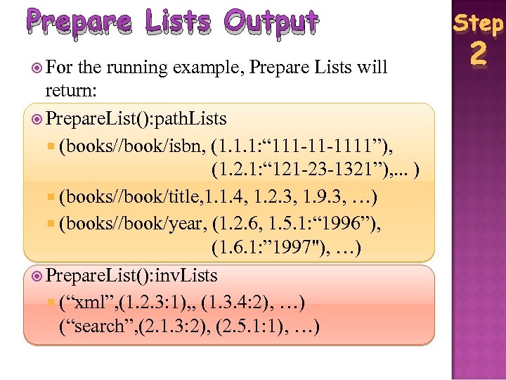 Prepare Lists Output For the running example, Prepare Lists will return: Prepare. List(): path.