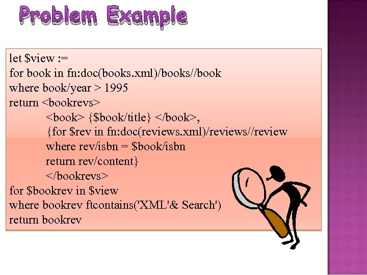 Problem Example let $view : = for book in fn: doc(books. xml)/books//book where book/year