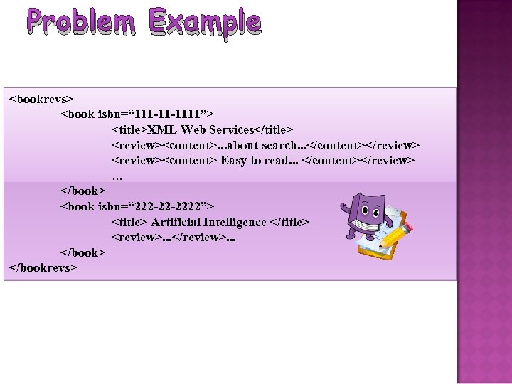 Problem Example <bookrevs> <book isbn=“ 111 -11 -1111”> <title>XML Web Services</title> <review><content>. . .