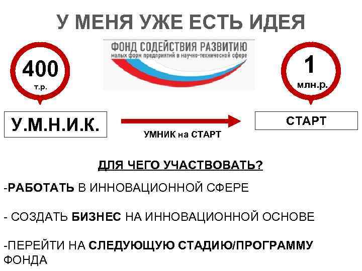 У МЕНЯ УЖЕ ЕСТЬ ИДЕЯ 1 400 млн. р. т. р. У. М. Н.