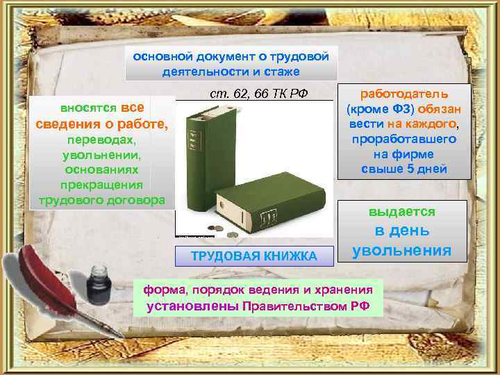 основной документ о трудовой деятельности и стаже вносятся все ст. 62, 66 ТК РФ