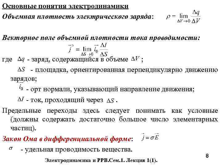 Основные понятия электродинамики Объемная плотность электрического заряда: Векторное поле объемной плотности тока проводимости: где